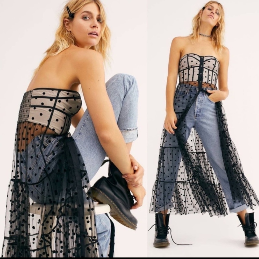 Free People black and white polka dot partially sheer button down maxi dress szS